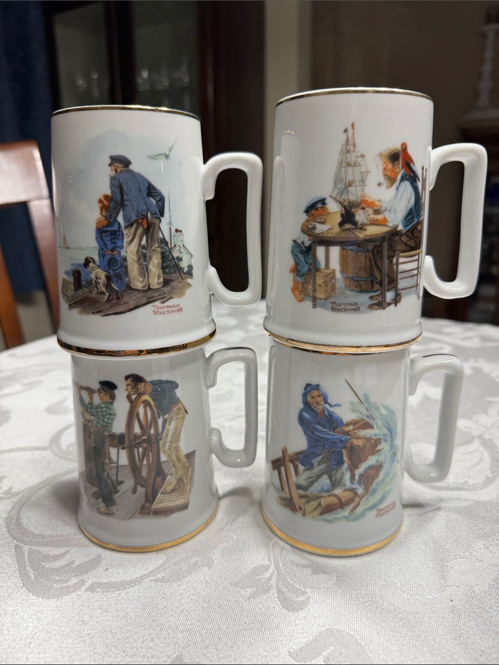 (4) Vtg. Norman Rockwell museum tankards/mugs featuring classic artwork.  12oz.